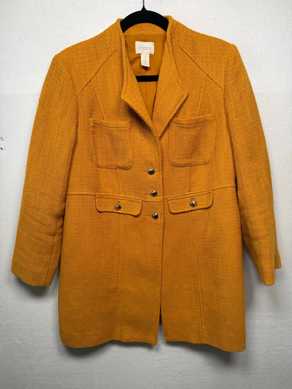 Chico's Women's Jacket, Mustard Yellow Gold/Bronze Buttons, Size 1 Petite (8P)